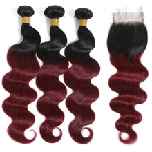Load image into Gallery viewer, Ombre Burgundy Body Wave Brazilian Lace Bundle & Closure Extensions 1pc 3pc 4pc