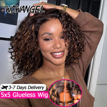Load image into Gallery viewer, Black w/ Brown Highlights Curly BOB Glueless Brazilian 5X5 HD Lace Closure Wig