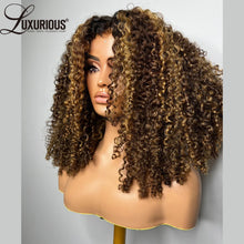 Load image into Gallery viewer, Ombre Brown w/ Honey Blonde Highlights Kinky Curly 4X4 Closure 13X6 Lace Frontal Wigs