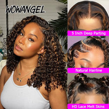 Load image into Gallery viewer, Black w/ Brown Highlights Curly BOB Glueless Brazilian 5X5 HD Lace Closure Wig