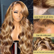 Honey Blonde w/ Highlights Body Wave Brazilian 13X6 HD Lace Frontal Wig