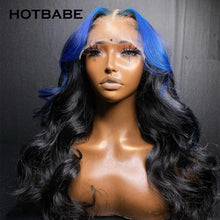 Load image into Gallery viewer, Black w/ Electric Blue Highlights Body Wave Brazilian 4X4 Closure 13X4 HD Lace Frontal Wigs
