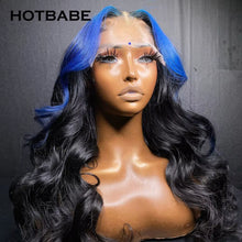 Load image into Gallery viewer, Black w/ Electric Blue Highlights Body Wave Brazilian 4X4 Closure 13X4 HD Lace Frontal Wigs
