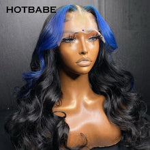 Load image into Gallery viewer, Black w/ Electric Blue Highlights Body Wave Brazilian 4X4 Closure 13X4 HD Lace Frontal Wigs
