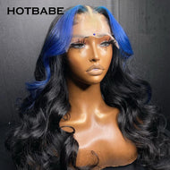 Black w/ Electric Blue Highlights Body Wave Brazilian 4X4 Closure 13X4 HD Lace Frontal Wigs