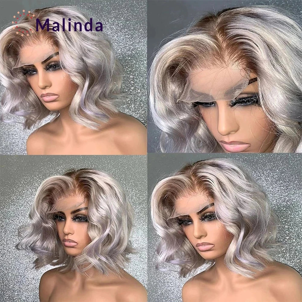 Silver w/ Dark Honey Brown Roots Brazilian Glueless 13X4 Lace Frontal Wig