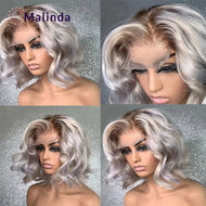 Silver w/ Dark Honey Brown Roots Brazilian Glueless 13X4 Lace Frontal Wig