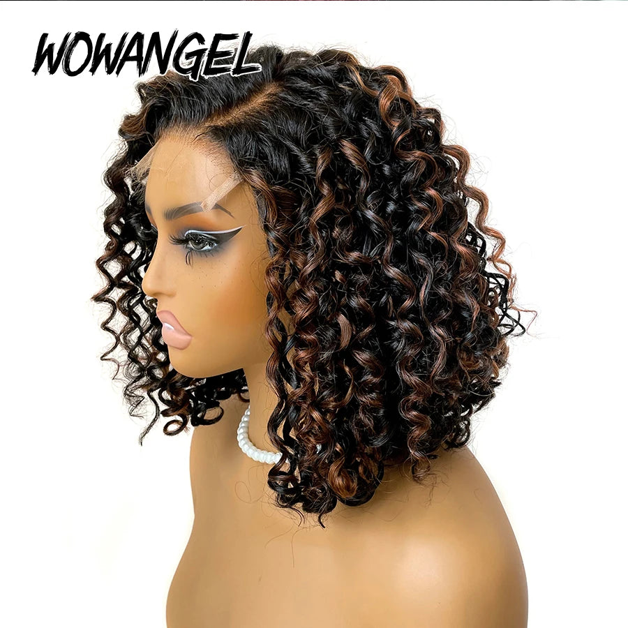 Black w/ Brown Highlights Curly BOB Glueless Brazilian 5X5 HD Lace Closure Wig