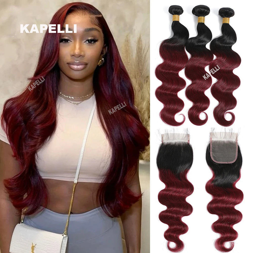 Ombre Burgundy Body Wave Brazilian Lace Bundle & Closure Extensions 1pc 3pc 4pc