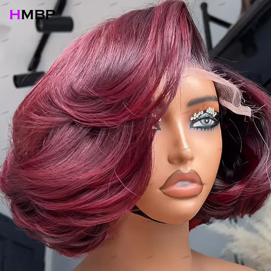 Ombre Burgundy BOB Body Wave Glueless 5X5 Closure 13X6 HD Lace Frontal Wigs