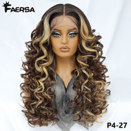 Brown w/ Blonde Highlights Curly Glueless Synthetic 13X6 HD Lace Frontal Wig
