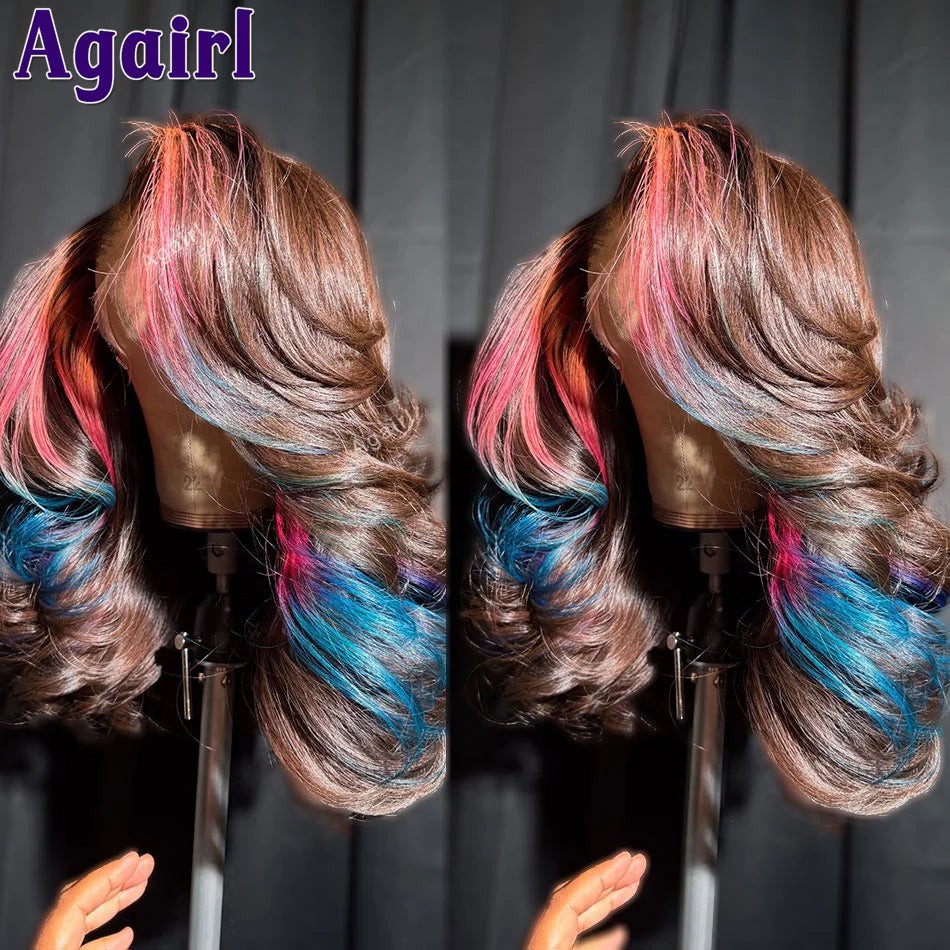 Brown w/ Pink & Blue Highlights Body Wave Glueless 5X5 Closure 13X6 Lace Frontal Wigs
