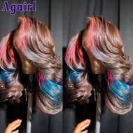 Brown w/ Pink & Blue Highlights Body Wave Glueless 5X5 Closure 13X6 Lace Frontal Wigs