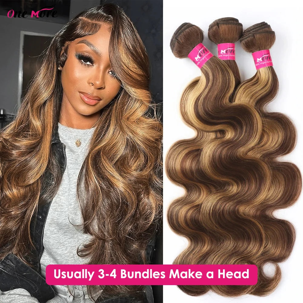 Brown Body Wave w/ Blonde Highlights Brazilian Virgin Hair Bundles 1pc 3pc 4pc
