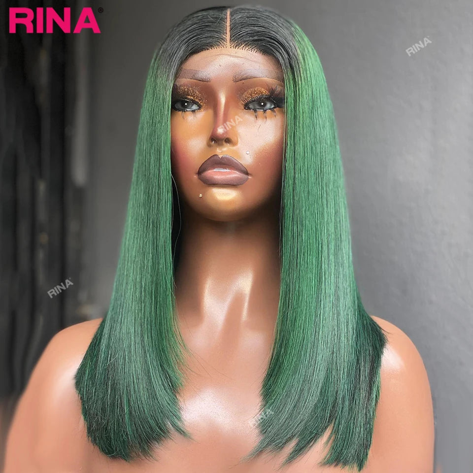 Ombre Green Straight Bob Brazilian 13X4 Lace Frontal Wig