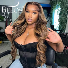 Load image into Gallery viewer, Brown w/ Honey Blonde Highlights Body Wave Brazilian 13X6 HD Lace Frontal Wig
