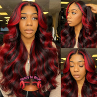Black w/ Red Highlights Body Wave 5X5 Lace Frontal Glueless Wig
