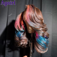 Load image into Gallery viewer, Brown w/ Pink &amp; Blue Highlights Body Wave Glueless 5X5 Closure 13X6 Lace Frontal Wigs
