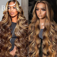 Brown w/ Honey Blonde Highlights Body Wave Brazilian 13X6 HD Lace Frontal Wig