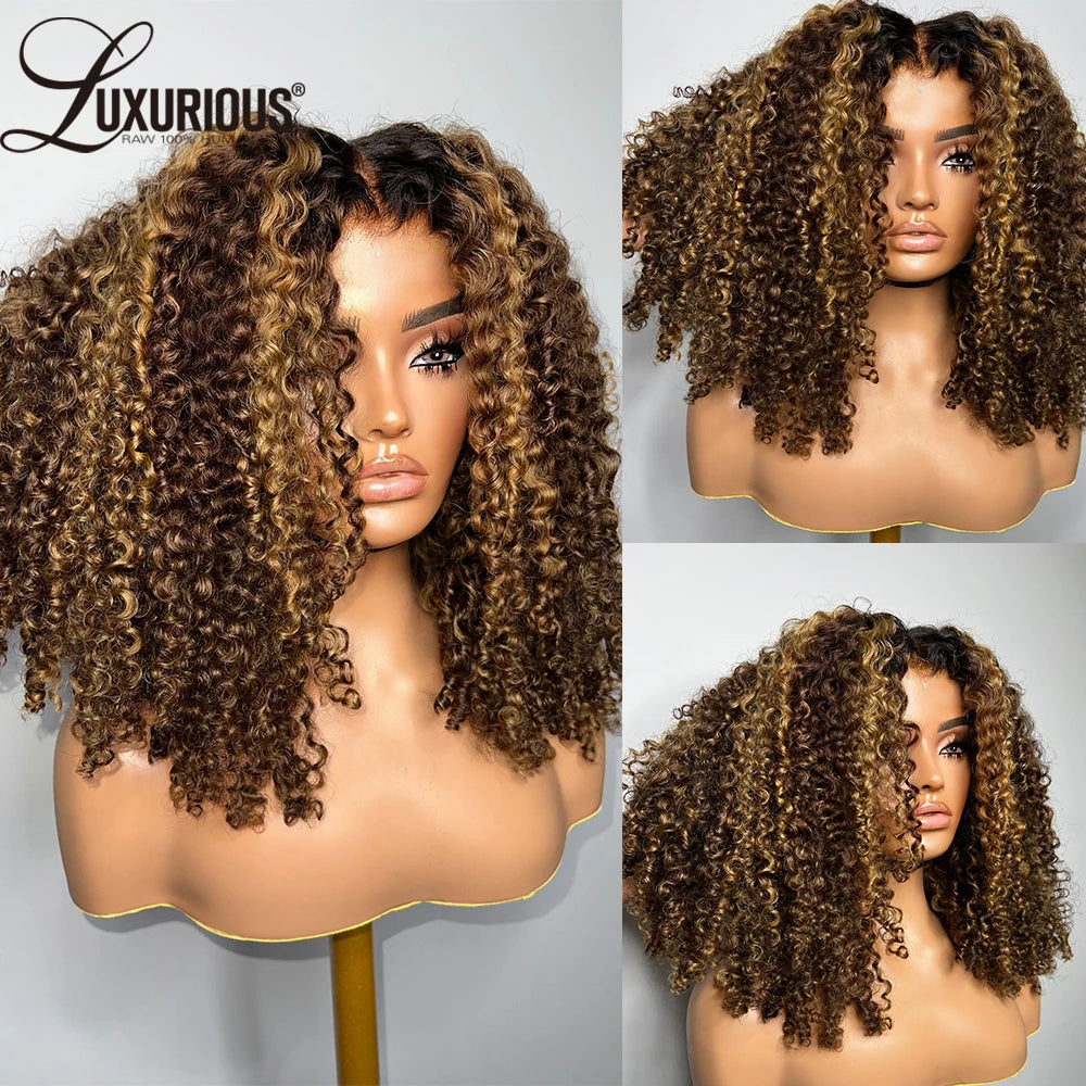 Ombre Brown w/ Honey Blonde Highlights Kinky Curly 4X4 Closure 13X6 Lace Frontal Wigs