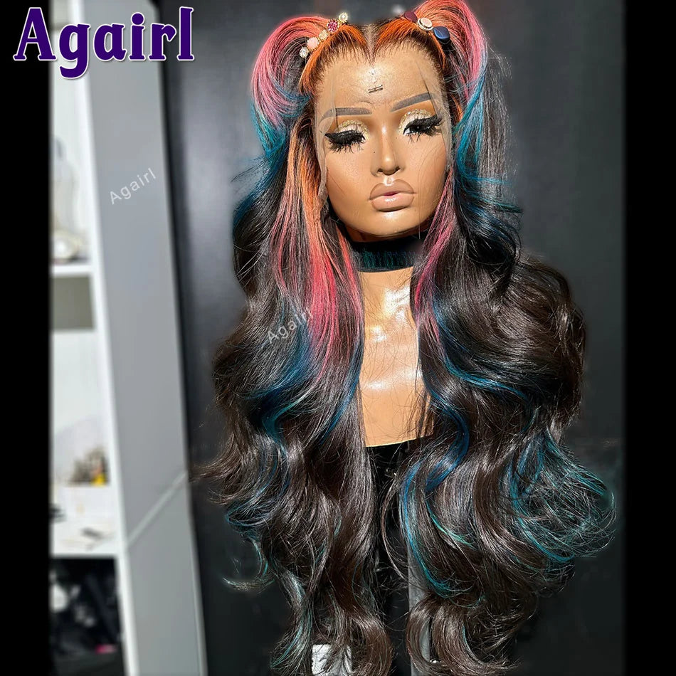 Black w/ Pink & Blue Highlights Body Wave Glueless 13X6 Lace Frontal Wig