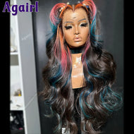 Black w/ Pink & Blue Highlights Body Wave Glueless 13X6 Lace Frontal Wig