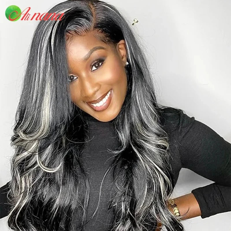 Black w/ Silver Highlights Brazilian Body Wave 5X5 Closure 13X6 HD Lace Frontal Wigs
