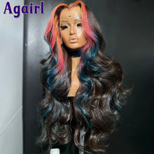 Load image into Gallery viewer, Black w/ Pink &amp; Blue Highlights Body Wave Glueless 13X6 Lace Frontal Wig

