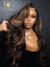 Load image into Gallery viewer, Brown w/ Honey Blonde Highlights Body Wave 4X4 Closure 13X4 13X6 HD Lace Frontal Wigs
