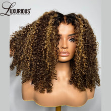 Load image into Gallery viewer, Ombre Brown w/ Honey Blonde Highlights Kinky Curly 4X4 Closure 13X6 Lace Frontal Wigs
