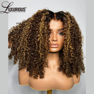 Ombre Brown w/ Honey Blonde Highlights Kinky Curly 4X4 Closure 13X6 Lace Frontal Wigs